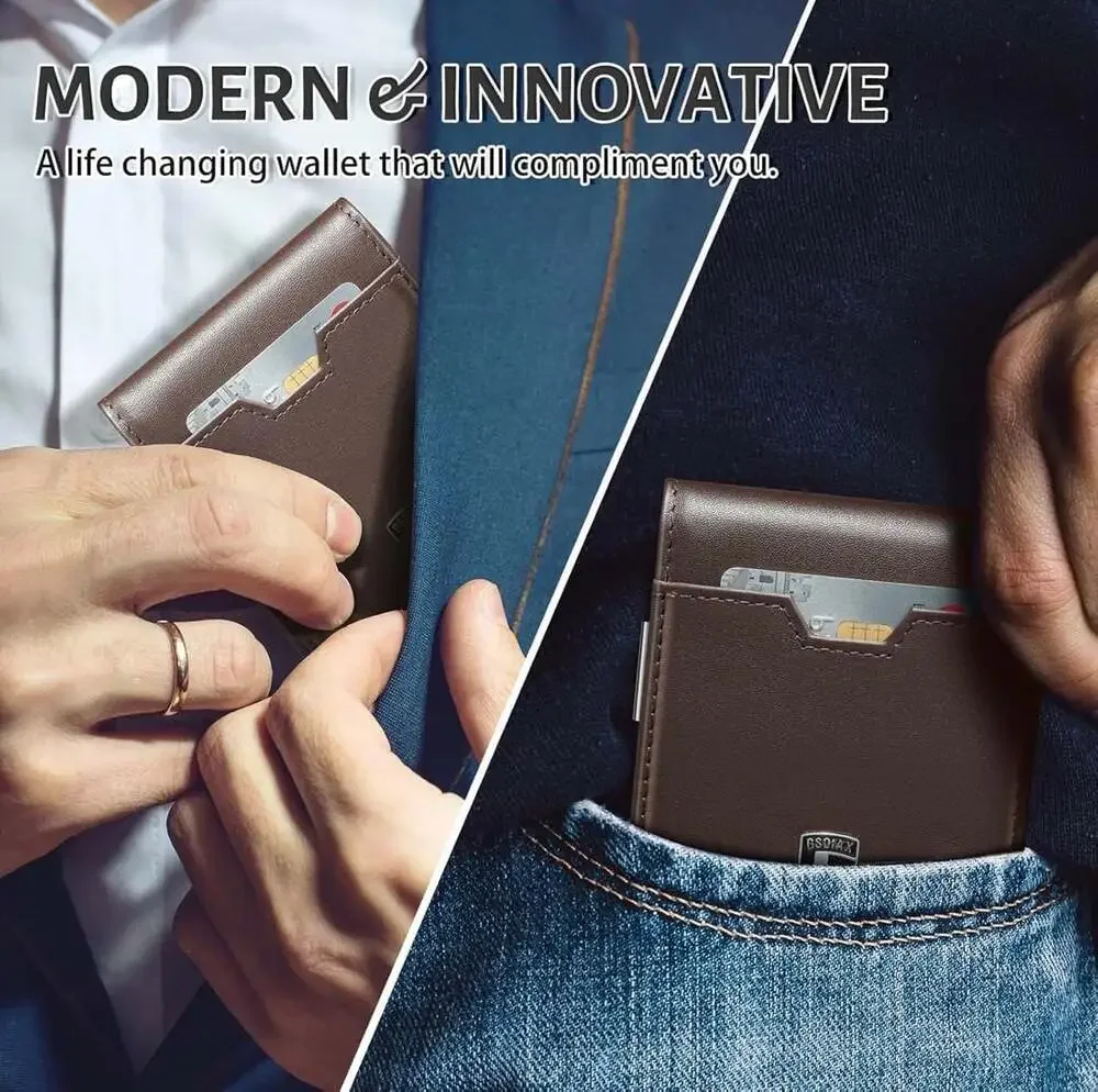 GSOIAX Men's Slim RFID Blocking Leather Wallet with Removable‎ Money Clip and 11